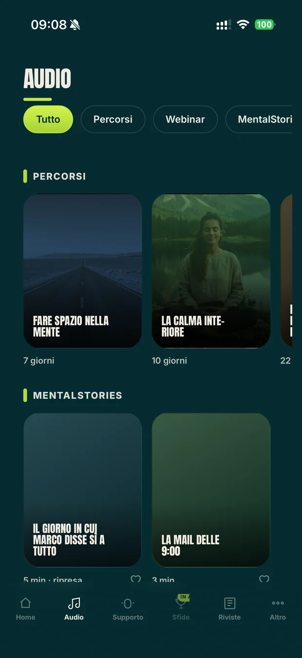 Schermata Audio dell'app MentalClass: percorsi e MentalStories