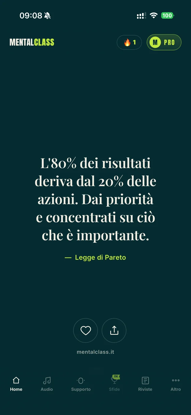 Schermata Home dell'app MentalClass: la frase del giorno